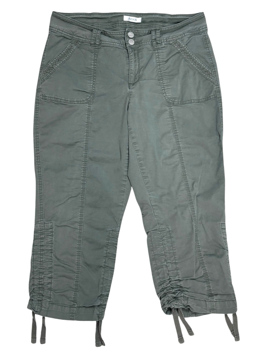 Ricki’s  Green Khaki Cinch Tie Bottom 4 Pocket Lightweight Cargo Capri 8